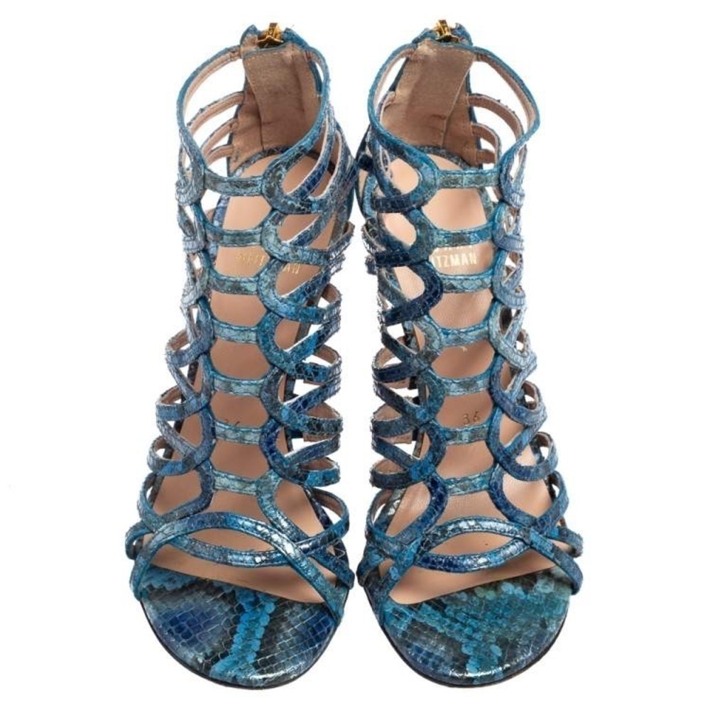Stuart Weitzman Blue Python Embossed Leather Strappy Sandals